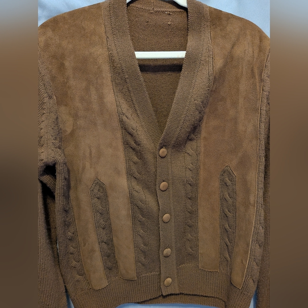 Vintage 60s Grandpa Style Cardigan W. Suede Trim. Chocolate Brown. Medium+ - Picture 2 of 8